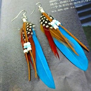 Leather Tassel beaded and Feather Boho Turquoise Earrings
